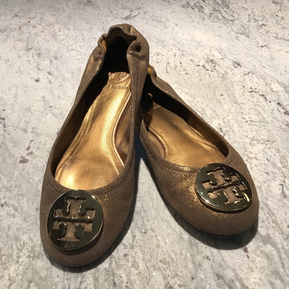 Tory Burch Reva size 7M; brushed/distressed gold